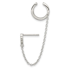 Sterling Silver RH-plated CZ Flower w/ 2inch Chain Single Post & Cuff Earr