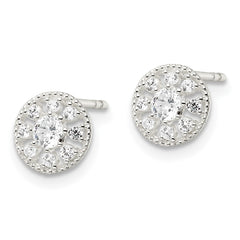 Sterling Silver Polished & Textured CZ Circle Post Earrings