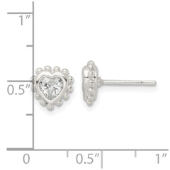 Sterling Silver Polished & Beaded Edge Heart CZ Post Earrings