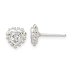 Sterling Silver Polished & Beaded Edge Heart CZ Post Earrings