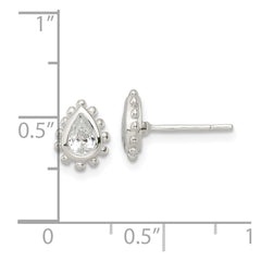 Sterling Silver Polished & Beaded Edge Pear CZ Post Earrings