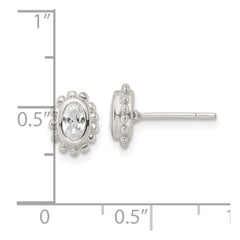 Sterling Silver Polished & Beaded Edge Oval CZ Post Earrings