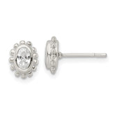 Sterling Silver Polished & Beaded Edge Oval CZ Post Earrings