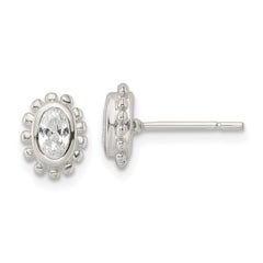 Sterling Silver Polished & Beaded Edge Oval CZ Post Earrings