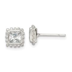 Sterling Silver Polished & Beaded Edge Square CZ Post Earrings