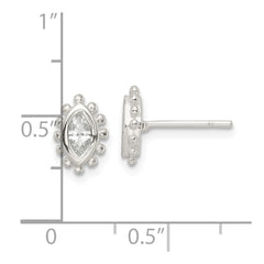 Sterling Silver Polished & Beaded Edge Marquise CZ Post Earrings