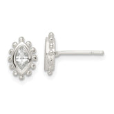 Sterling Silver Polished & Beaded Edge Marquise CZ Post Earrings