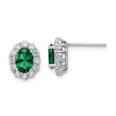 Sterling Silver Rhod-plated Polished Green & White CZ Oval Post Earrings