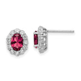 Sterling Silver Rhodium-plated Red & White CZ Oval Post Earrings