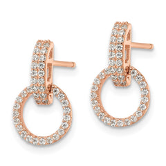 Sterling Silver Rose-tone Polished CZ Circle Post Dangle Earrings