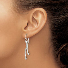 Sterling Silver Polished CZ Wavy Bar Dangle Shephard Hook Earrings
