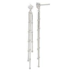 Sterling Silver Polished CZ & Beaded Chain Post Dangle Earrings