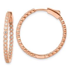 Sterling Silver Polished Rose-tone In & Out CZ Hinged Hoop Earrings