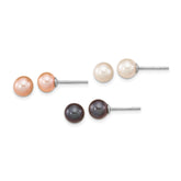 Sterling Silver Rhodium-plated 6-7mm Black, White and Pink Round Freshwater Cultured Pearl Set of 3 Post Earrings