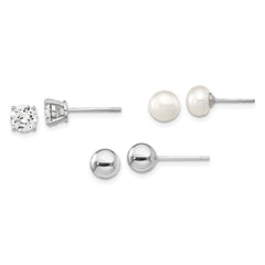 Sterling Silver Rhodium-plated 6-7mm White Button Freshwater Cultured Pearl, CZ and Stud Earrings Set