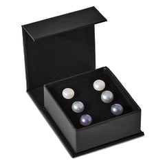Sterling Silver Rhodium-plated 8-9mm Black, White and Grey Button Freshwater Cultured Pearl Set of 3 Post Earrings