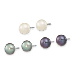 Sterling Silver Rhodium-plated 8-9mm Black, White and Grey Button Freshwater Cultured Pearl Set of 3 Post Earrings