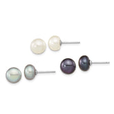 Sterling Silver Rhodium-plated 8-9mm Black, White and Grey Button Freshwater Cultured Pearl Set of 3 Post Earrings