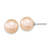 Sterling Silver Rhodium-plated 10-11mm Pink Round Freshwater Cultured Pearl Post Earrings