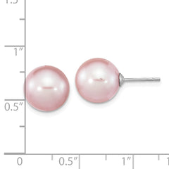 Sterling Silver Rhodium-plated 10-11mm Purple Round Freshwater Cultured Pearl Post Earrings