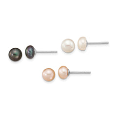 Sterling Silver Rhodium-plated 6-7mm White, Black and Pink Button Freshwater Cultured Pearl Set of 3 Post Earrings