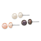 Sterling Silver Rhodium-plated 8-9mm White, Black and Pink Button Freshwater Cultured Pearl Set of 3 Post Earrings
