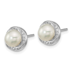 Sterling Silver Rhodium-plated 6-7mm White Button Freshwater Cultured Pearl and CZ Post Earrings - 4