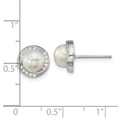 Sterling Silver Rhodium-plated 6-7mm White Button Freshwater Cultured Pearl and CZ Post Earrings - 4