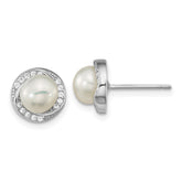 Sterling Silver Rhodium-plated 6-7mm White Button Freshwater Cultured Pearl and CZ Post Earrings - 4