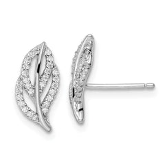 Sterling Silver Rhodium-plated Polished CZ Leaf Post Earrings - 2