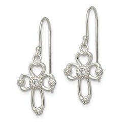 Sterling Silver Polished & Beaded CZ Cross Dangle Earrings