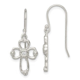 Sterling Silver Polished & Beaded CZ Cross Dangle Earrings