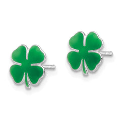 Sterling Silver Rhodium-plated Polished & Green Enameled Four Leaf Clover Children's Post Earrings