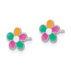 Sterling Silver Rhodium-plated Multi-color Enameled Flower Children's Post Earrings