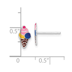 Sterling Silver Rhodium-plated Polished & Multi-color Enameled Ice Cream Cone Children's Post Earrings