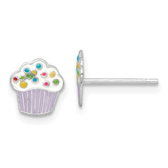 Sterling Silver Rhodium-plated Polished Multi-color Enameled Cupcake Children's Post Earrings