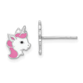 Sterling Silver Rhodium-plated Polished Multi-color Enamel Unicorn Head Children's Post Earrings