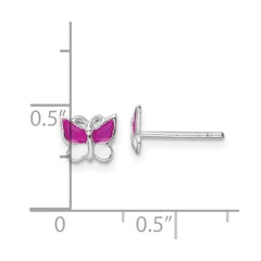 Sterling Silver Rhodium-plated Polished Pink & White Enameled Butterfly Children's Post Earrings