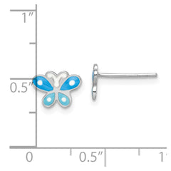 Sterling Silver Rhodium-plated Polished Blue Enameled Butterfly Children's Post Earrings