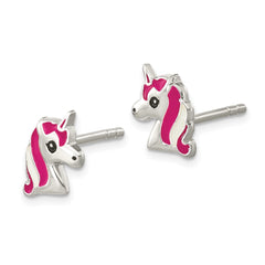 Sterling Silver Polished Multi-color Enameled Unicorn Head Children's Post Earrings