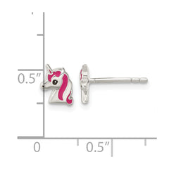 Sterling Silver Polished Multi-color Enameled Unicorn Head Children's Post Earrings