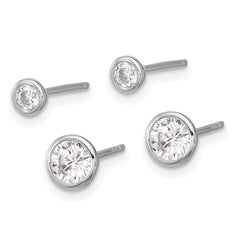 Sterling Silver RH-plated 3mm and 5mm CZ Bezel Post Earrings Set