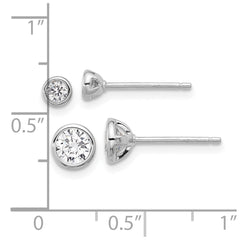 Sterling Silver RH-plated 3mm and 5mm CZ Bezel Post Earrings Set