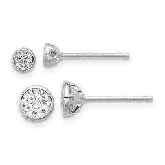 Sterling Silver RH-plated 3mm and 5mm CZ Bezel Post Earrings Set