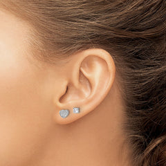 Sterling Silver RH-plated Pavâ CZ Heart/4mm CZ Stud Post Earrings Set