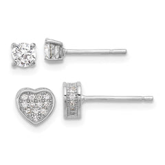 Sterling Silver RH-plated Pavâ CZ Heart/4mm CZ Stud Post Earrings Set