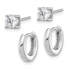 Sterling Silver RH-plated 2.5mm Huggie Hoops/5mm CZ Stud Earrings Set