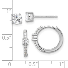 Sterling Silver RH-plated 5mm CZ Studs and Hinged Hoop Earring Set