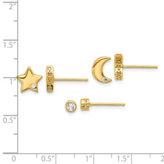 Sterling Silver Gold-tone CZ Moon/Star and Round Set of 3 Post Earring Set