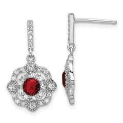 Sterling Silver RH-pltd Red Glass and Clear CZ Vintage Dangle Post Earring